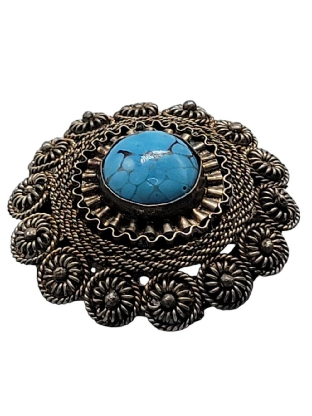 Faux Turquoise Silver Plated Brooch Pendant Blue Glass Filigree Setting Vintage - Picture 15 of 16